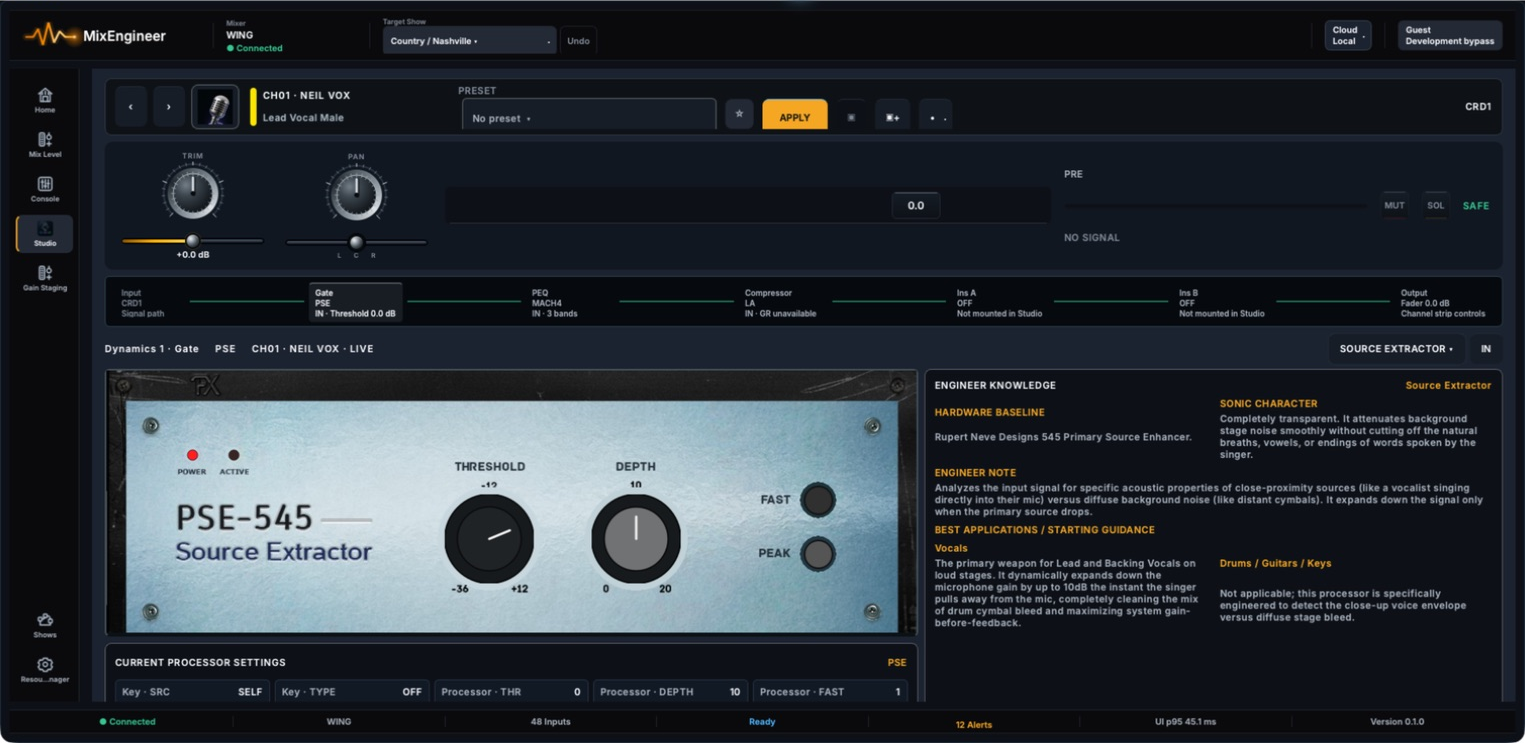 Current Channel Studio rendering the Source Extractor gate faceplate.
