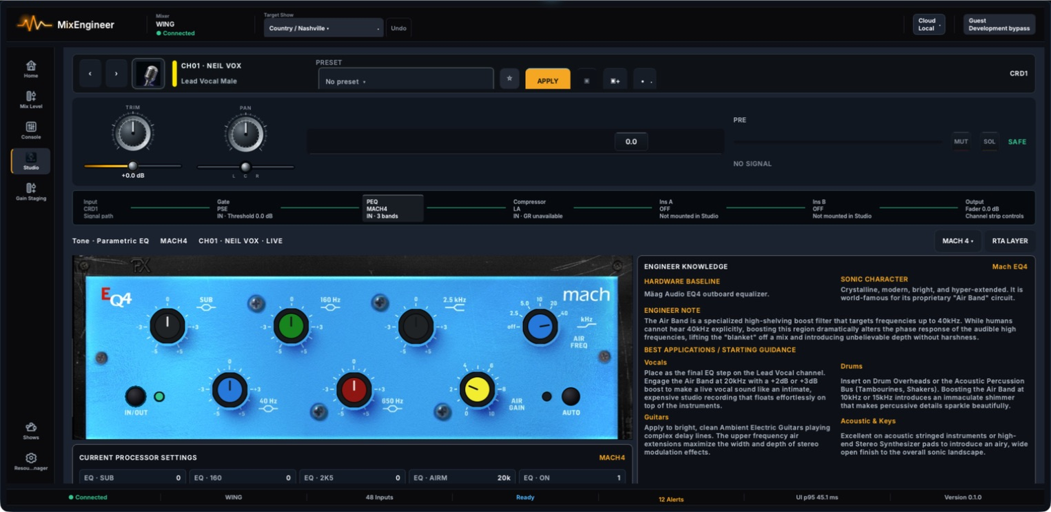 Current Channel Studio with a Mach EQ4 processor, signal path and engineer knowledge.