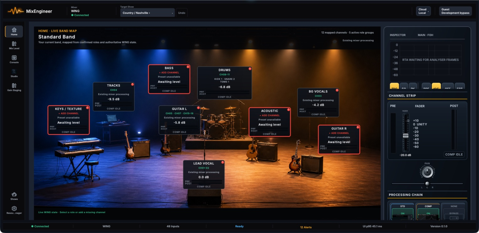 Current MixEngineer application showing Cloud Local status and the live mapped band.