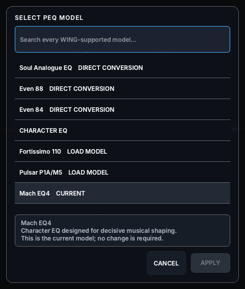 Current Channel Studio processor model chooser listing compatible WING EQ models.