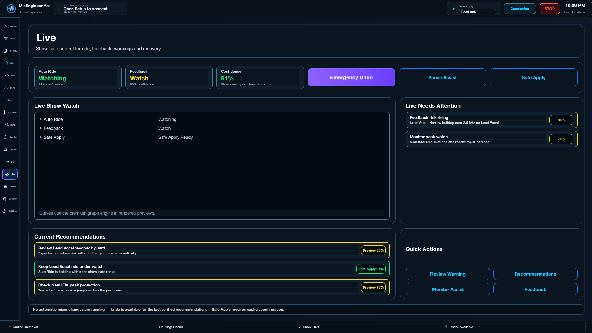 Live workspace showing confidence, warnings and show-safe controls.